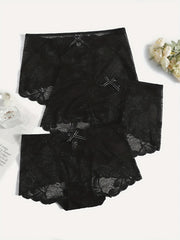 3 Pack Plus Size Panties Set Women's Plus Floral Lace Bow Detail