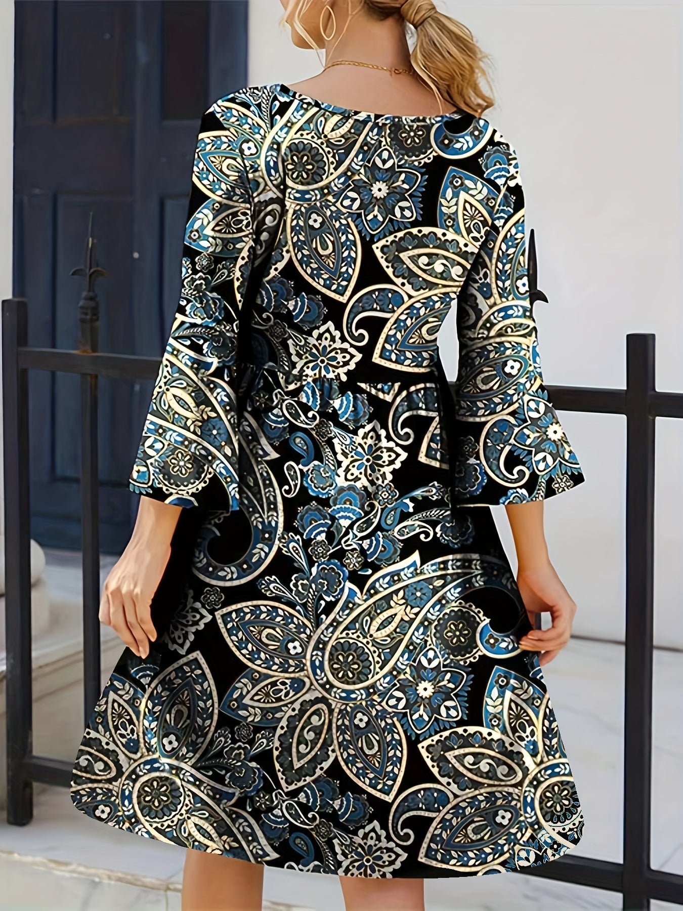  Boho Paisley Print Three Quarter Sleeve Loose Fit Dress