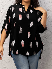  Casual Blouse Women's Plus Feather Print Long Sleeve