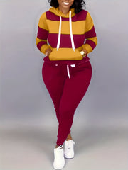 Women's Plus Colorblock Stripe Print Hoodie & Joggers Set