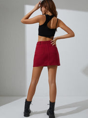 Red Mini Denim Skirt Zipper Button Closure Slash Pocket Mid Waist