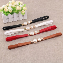 Faux Pearl Buckle Belt Women PU Leather Waist Elastic Thin Belts