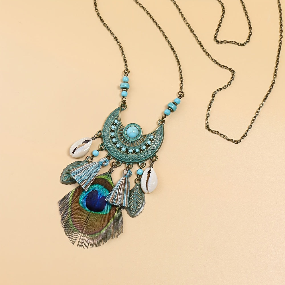 Boho Style Pendant Necklace Feather Tassel & Shell Pendant