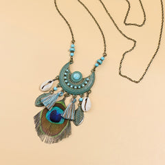 Boho Style Pendant Necklace Feather Tassel & Shell Pendant