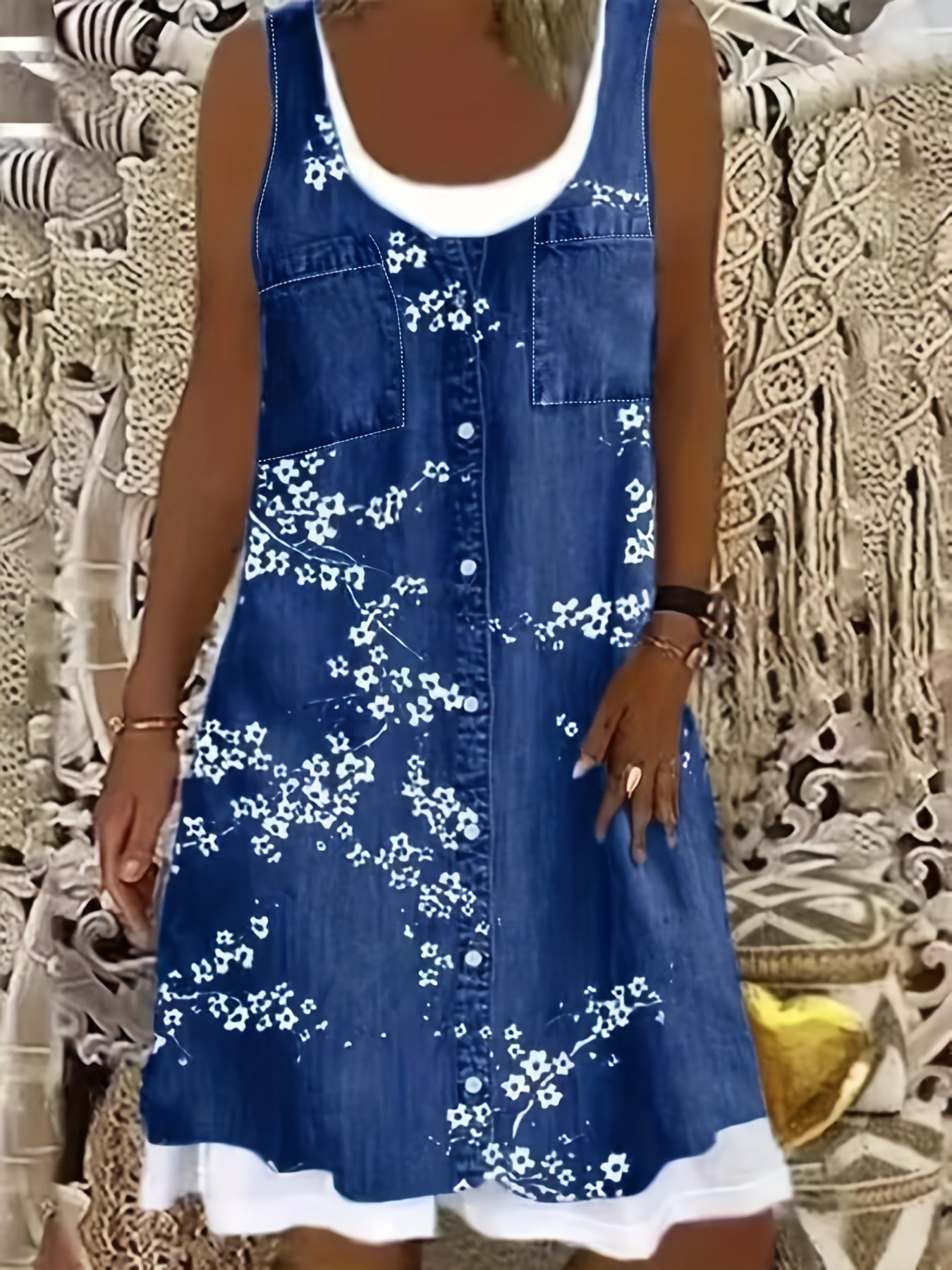  Casual Dress Women's Floral Print Round Neck Tank Dress