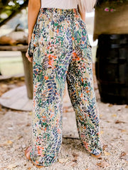  Leaf Print Shirred High Rise Wide Leg Pants