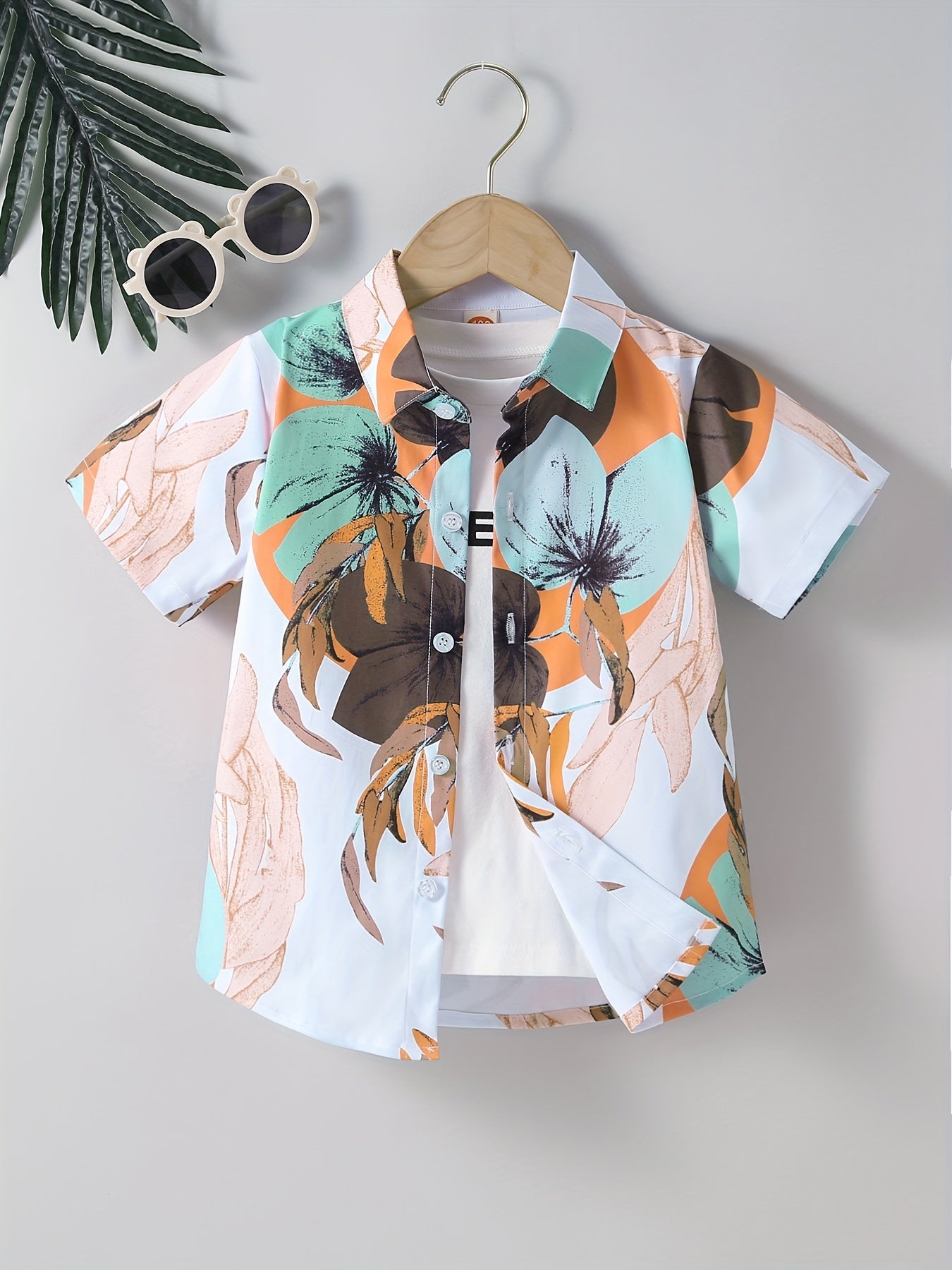 Boys Leaves Print Short Sleeves Shirt Hawaiian Style For Vacation Beach
