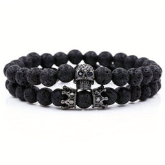 Volcanic Stone Micro Inlaid Skull Small Crown Men's Bracelet