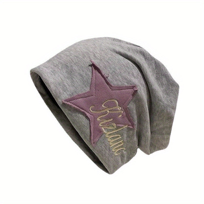 Vintage Star Patch Y2K Beanie Letter Embroidery Solid Skull Cap