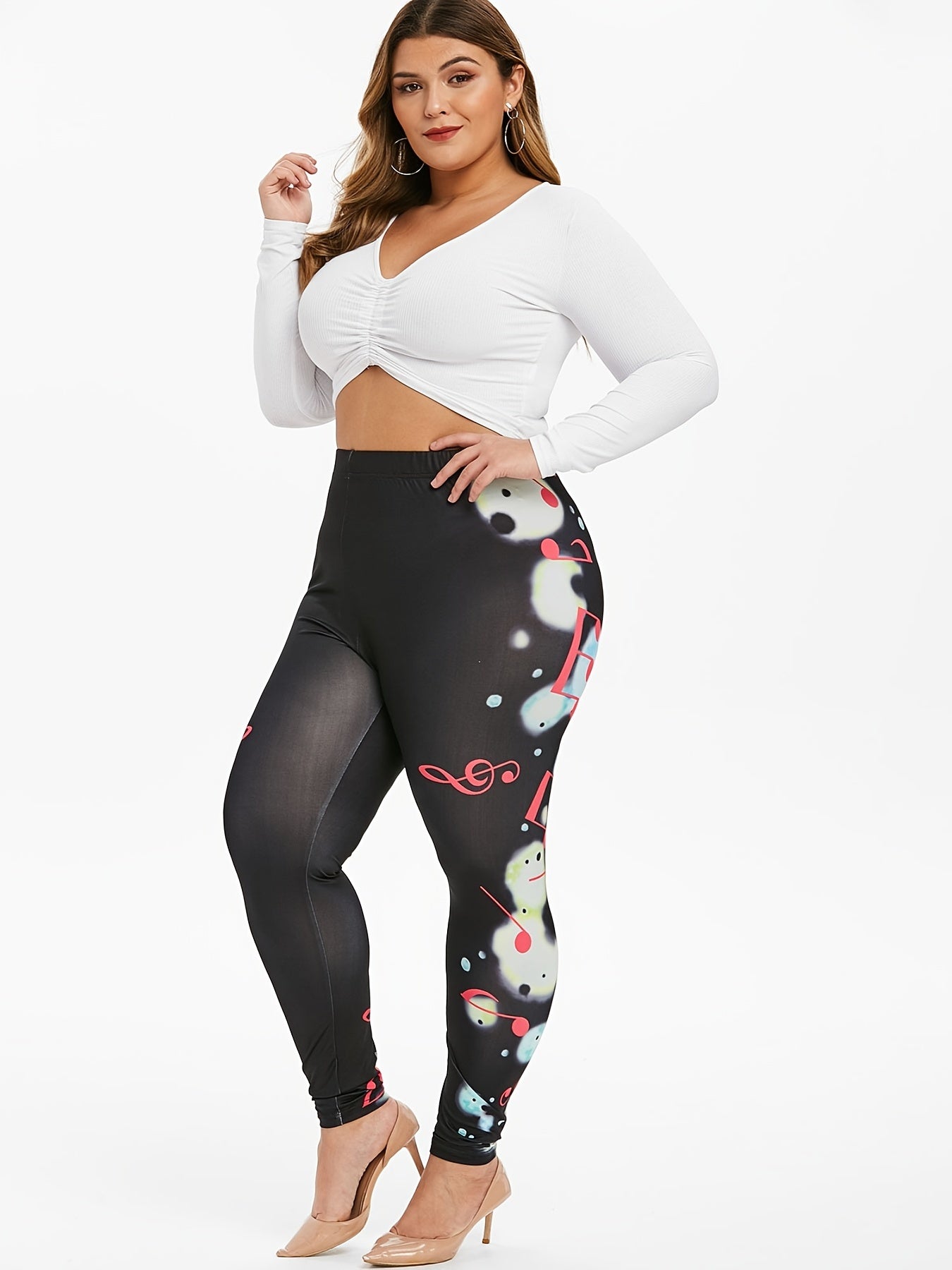 Music Note Print Plus Size Skinny Leggings