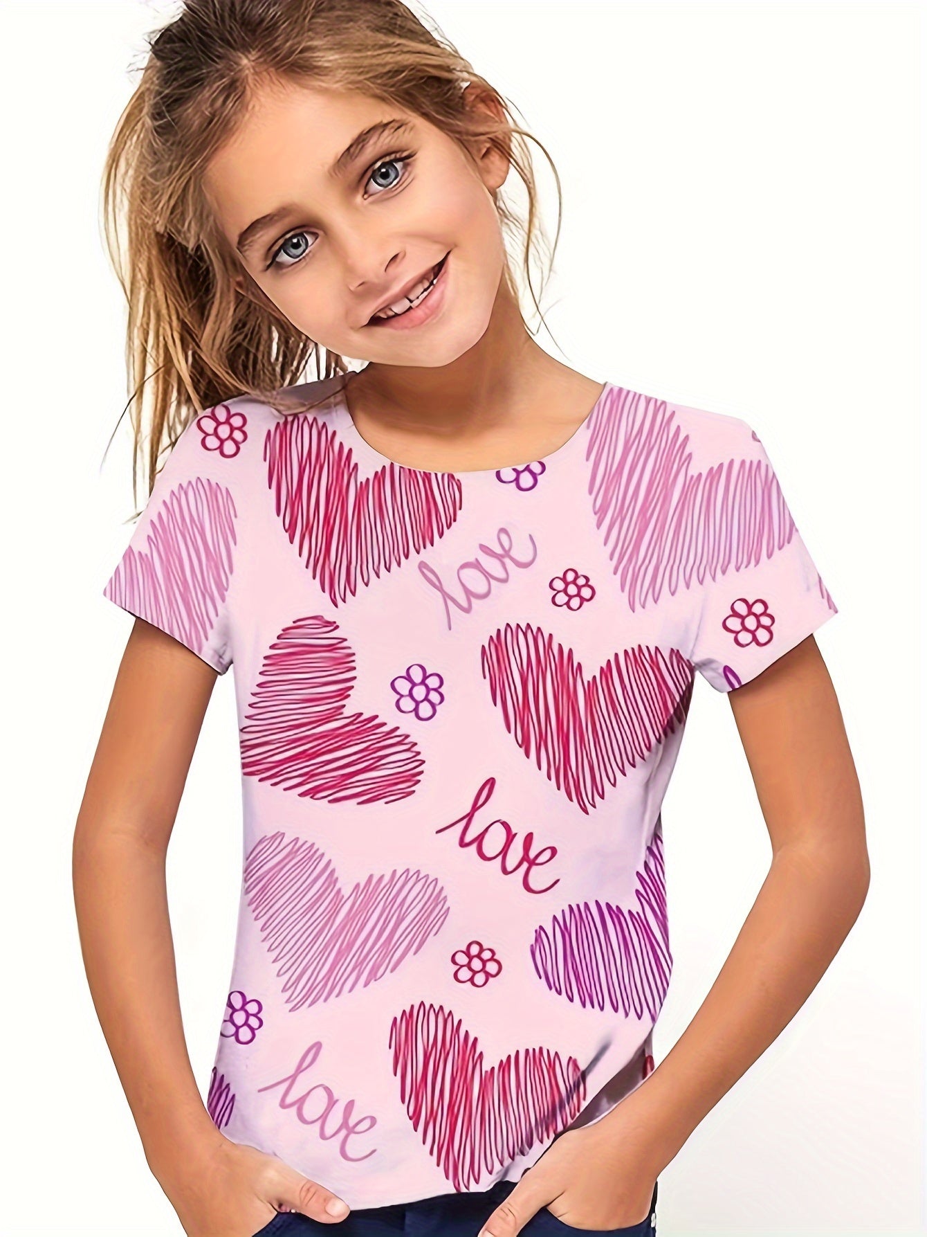Girls Sweet Heart Graphic Crew Neck T-shirt