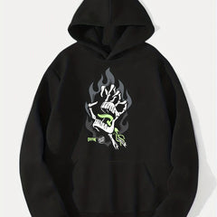 Skeleton Hand On Fire Print Hoodie Men