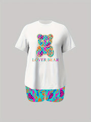  Cartoon Bear & Letter Print Short Sleeve Top & Shorts Set