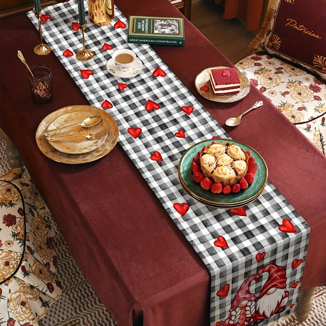 13x72 Inch Red Gnome Love Heart Plaid Table Runner - Heat Resistant Washable