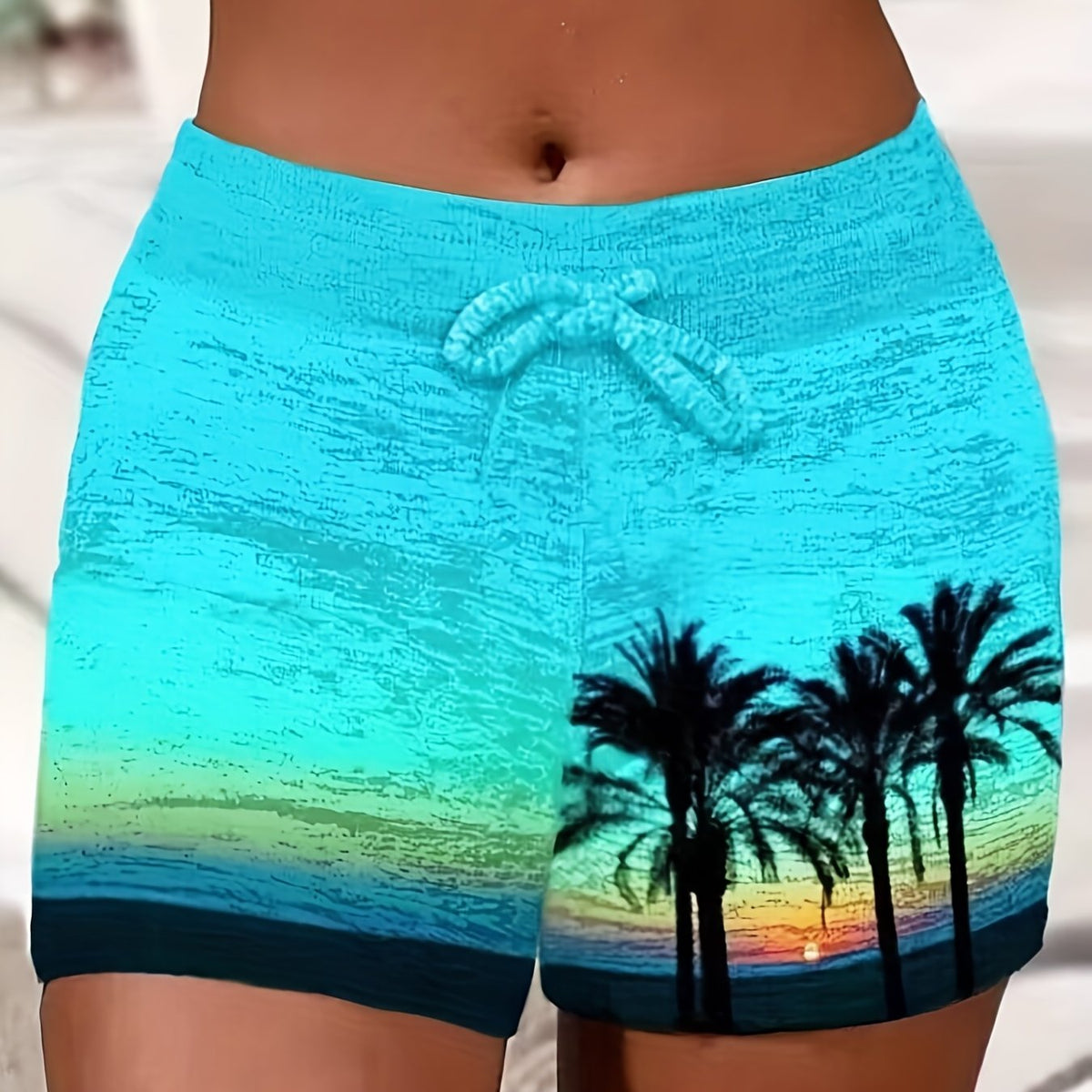 Coconut Tree Print Drawstring Shorts for Women
