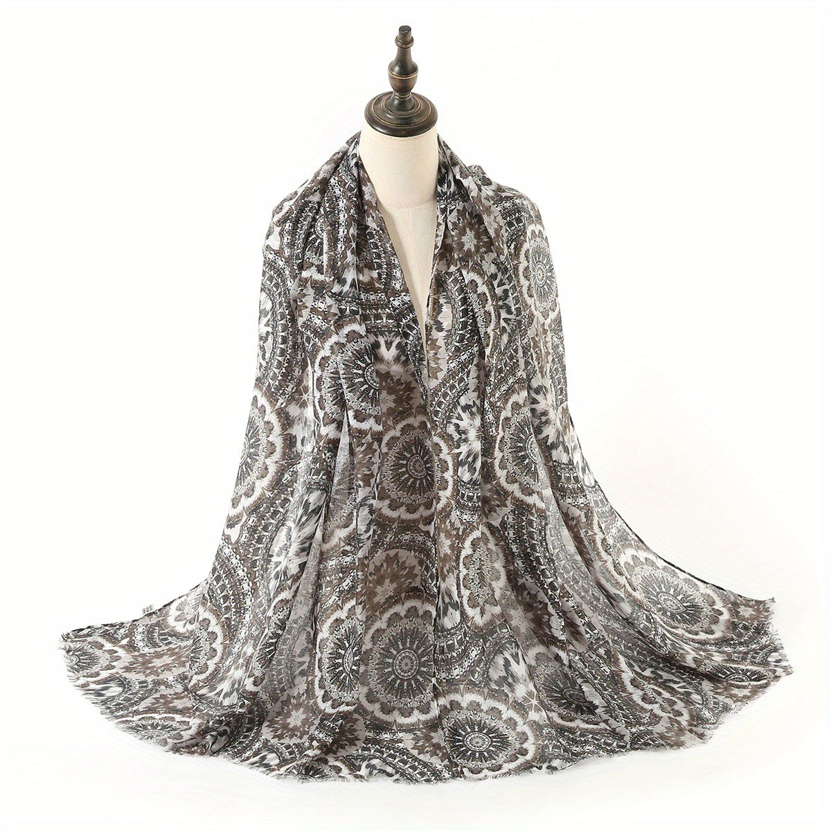 Boho Geometric Print Scarf Vintage Frayed Edge Shawl