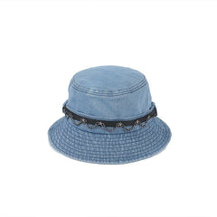 Metal Chain Denim Bucket Hat Distressed Hip Hop Fisherman Cap