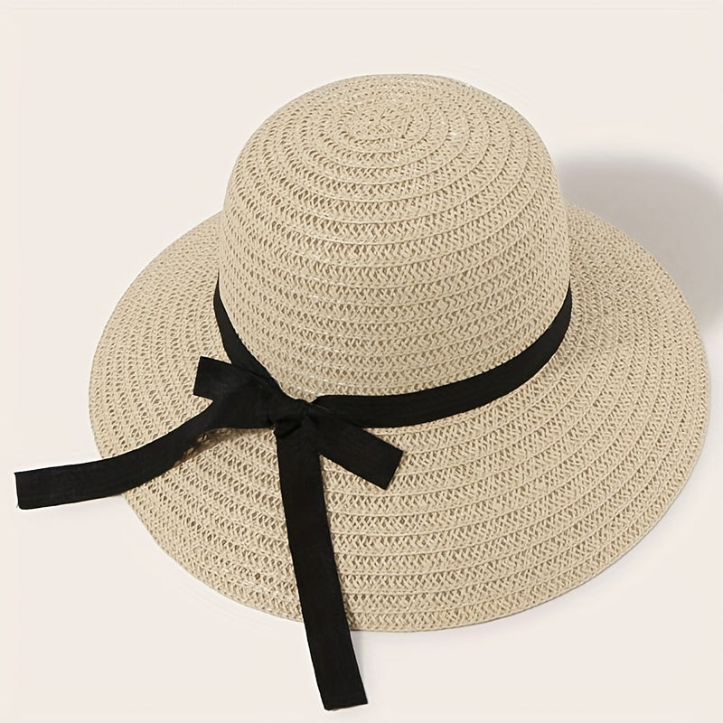 Wide Brim Straw Sun Hat with Ribbon Bowknot Decoration