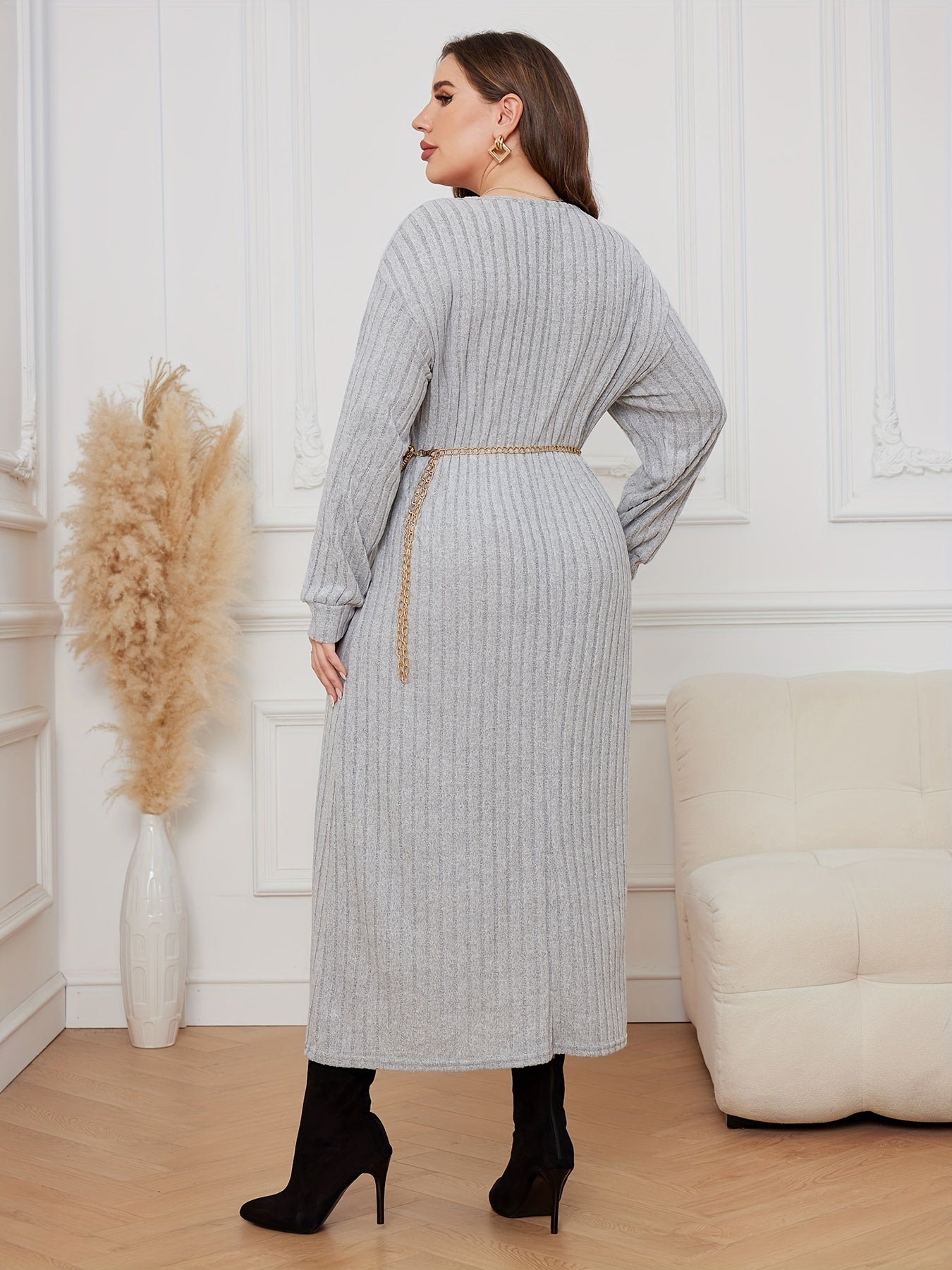  Casual Dress Solid Ribbed Drop Shoulder V Neck Midi Dress