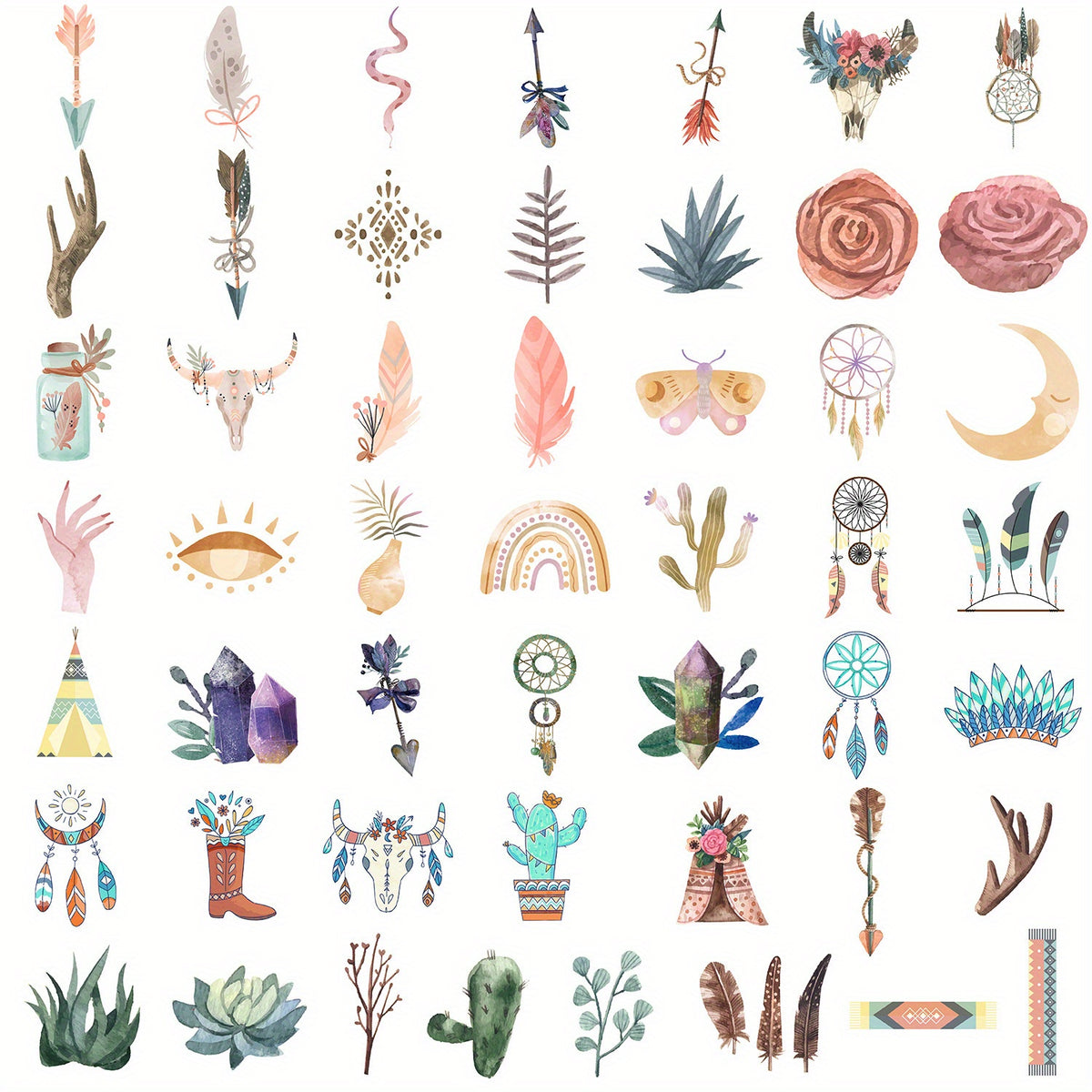 50 Boho Waterproof Vinyl Stickers Cacti Vibrant Patterns Whimsical Colors