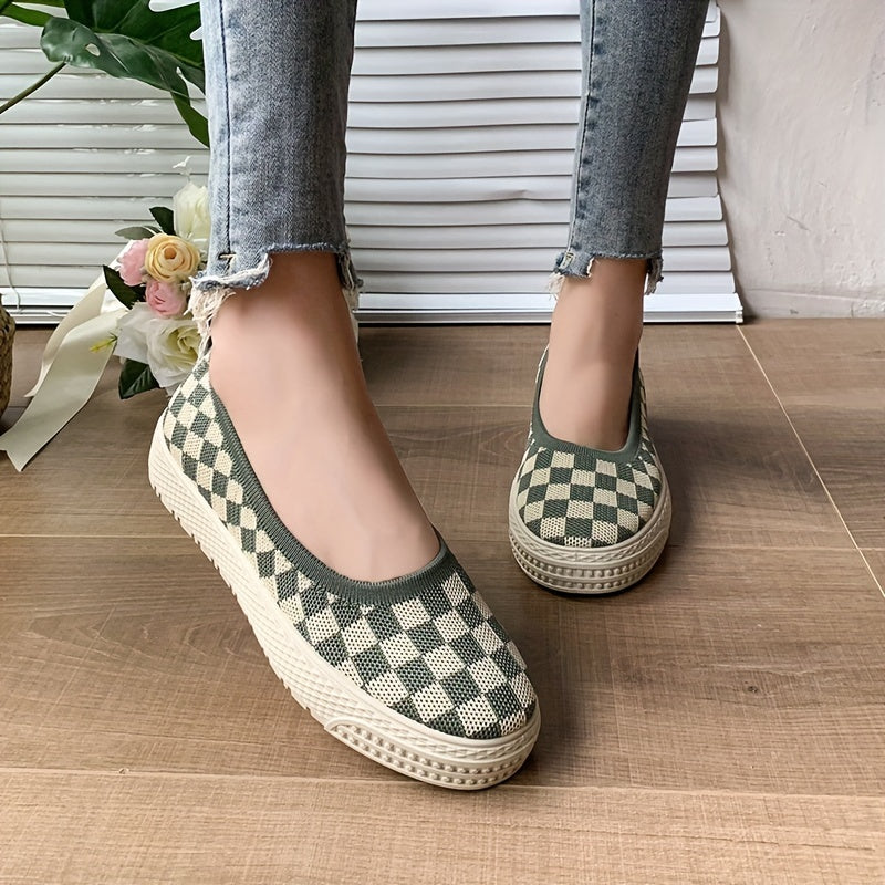 Women's Plaid Loafers Knit Slip On Shoes Comfortable Flats