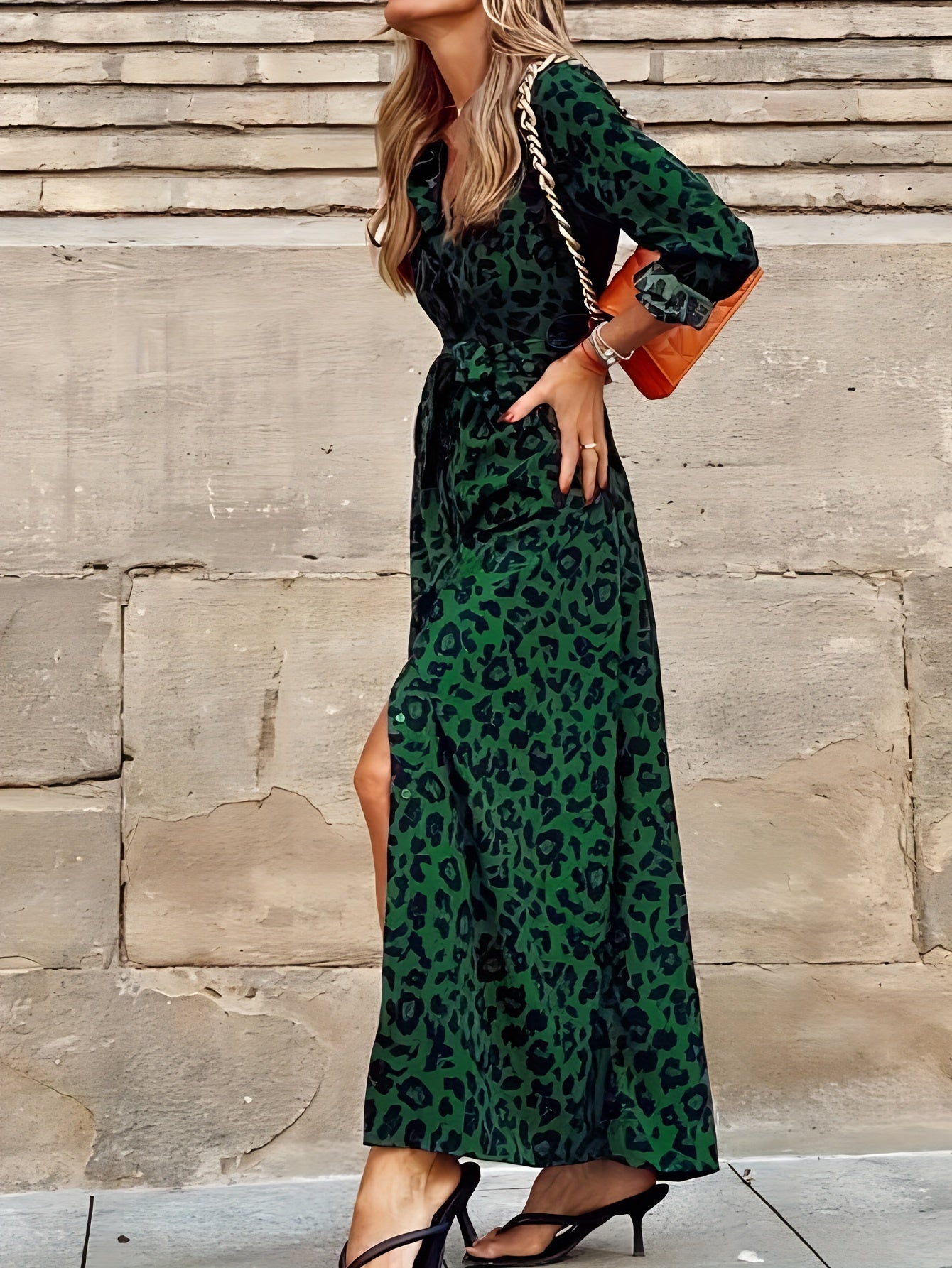 Leopard Print Long Sleeve Maxi Shirt Dress