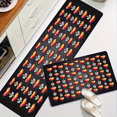Red Heart Print Kitchen Mat Floral Pattern Rug, Washable Decorative Carpet
