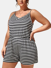  Casual Romper Women's Plus Stripe V Neck Nipped Waist