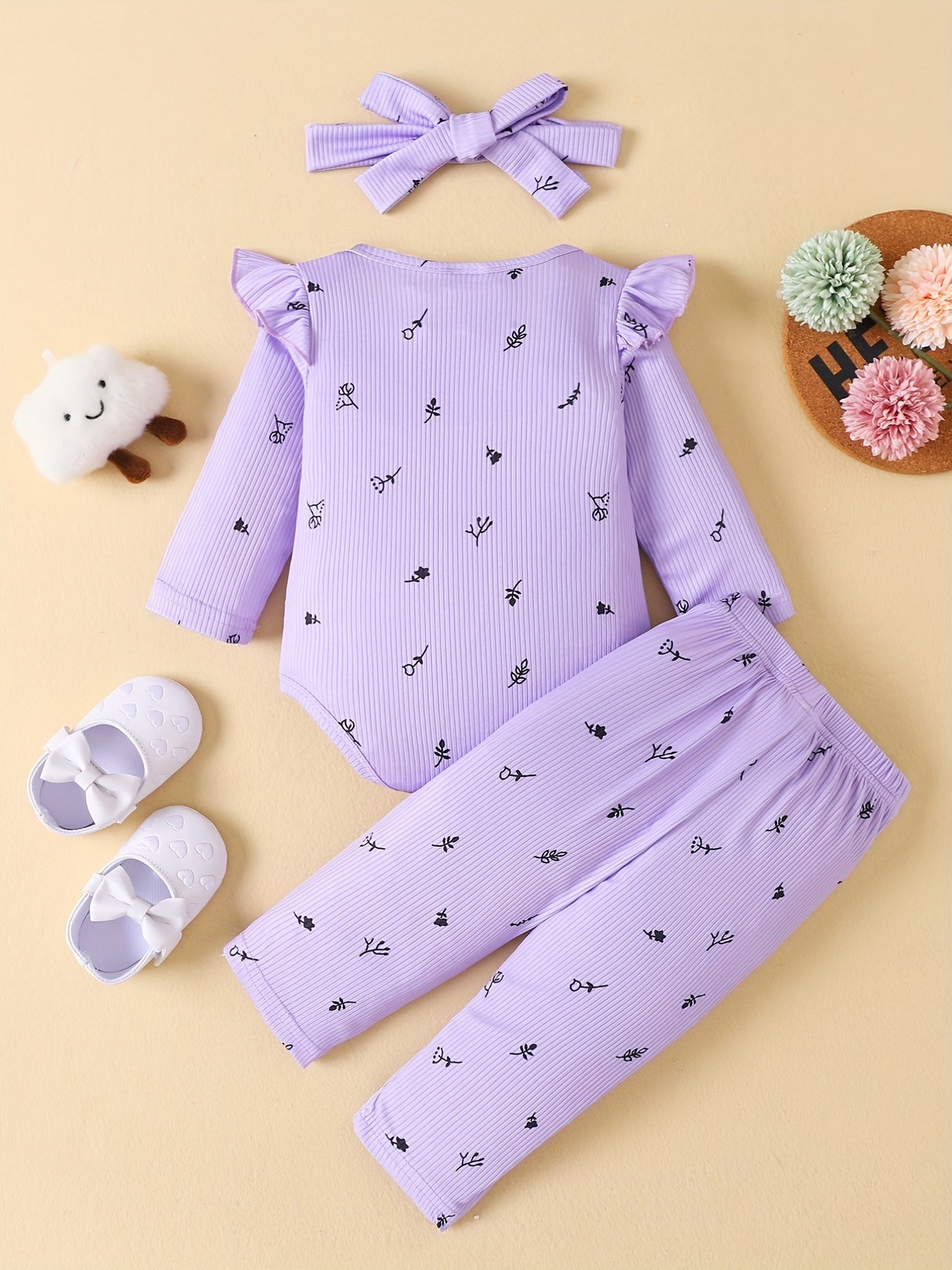 3PCS Baby Girls Plants Print Ruffle Trim Bodysuit & Pants Set
