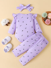 3PCS Baby Girls Plants Print Ruffle Trim Bodysuit & Pants Set