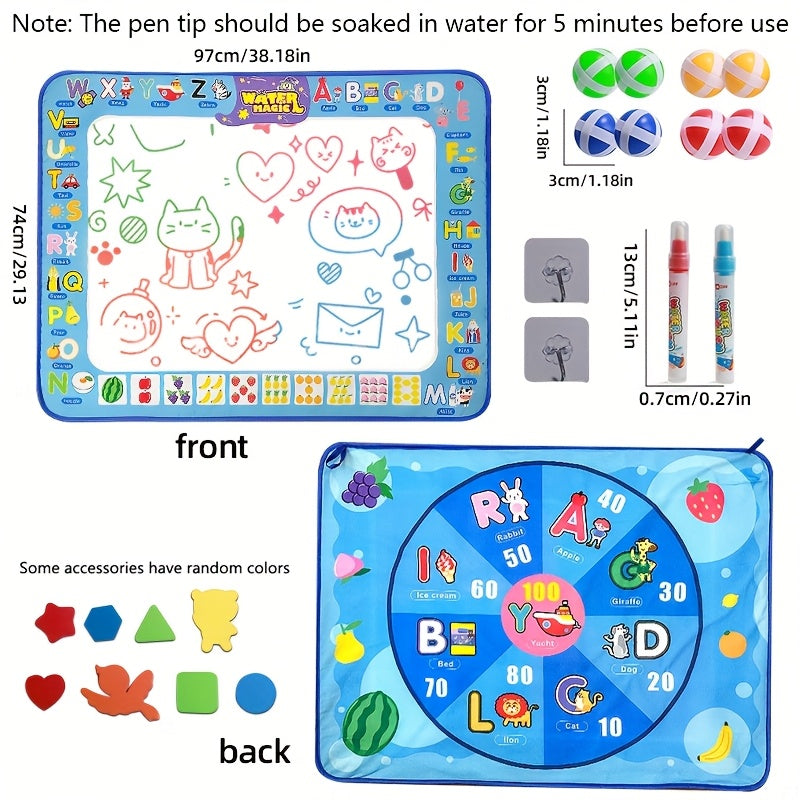 Kids Water Painting Mat - Reusable Drawing Mat with Shapes - Non Toxic Canvas