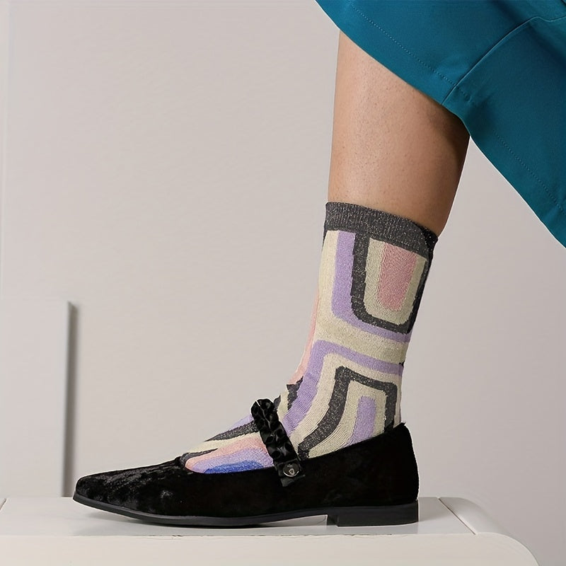 3 Pairs Geometric Pattern Crew Socks Colorblock Mid Tube Women's Stockings
