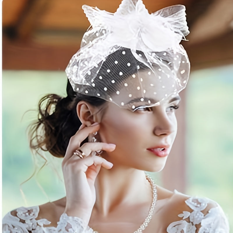 Polka Dot Fascinator Hat with Veil and Feather for Tea Party