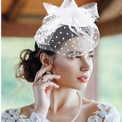 Polka Dot Fascinator Hat with Veil and Feather for Tea Party