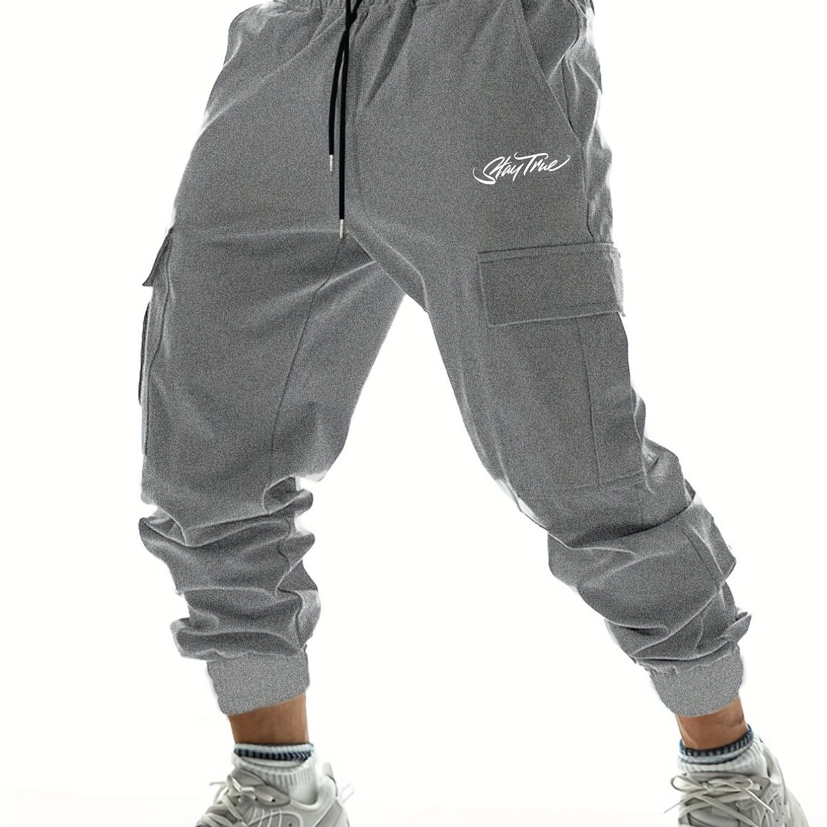 Stay Tune Letter Print Casual Side Pockets Drawstring Joggers Men s Cargo Pants