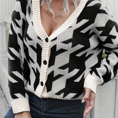  Houndstooth Print Button Up Cardigan