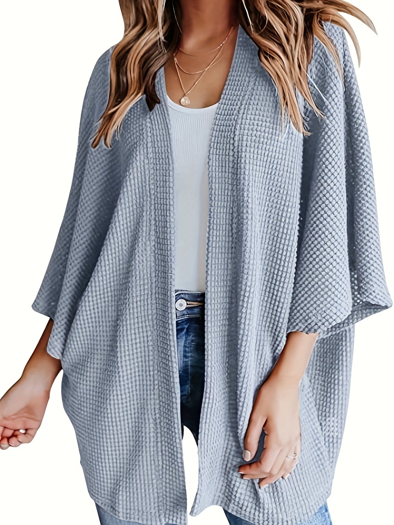  Casual Cardigan Women's Plus Solid Waffle Knit Open Front Cardigan