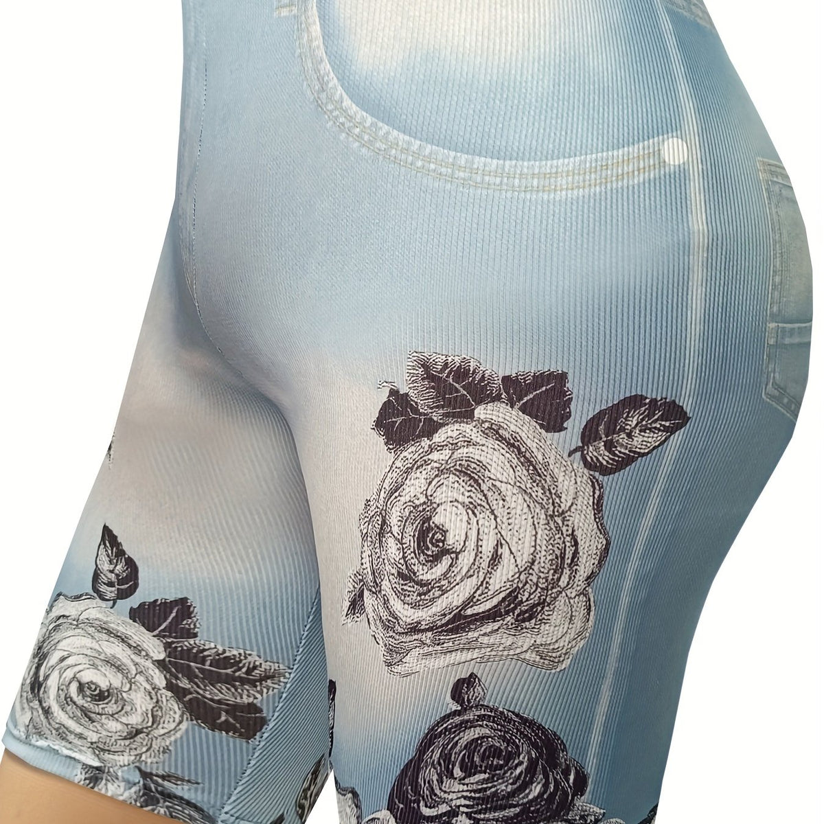 Women's Plus Denim & Floral Print High Rise Skinny Slight Stretch Shorts