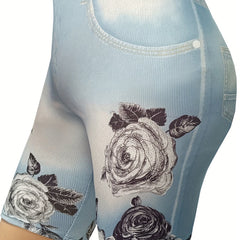 Women's Plus Denim & Floral Print High Rise Skinny Slight Stretch Shorts