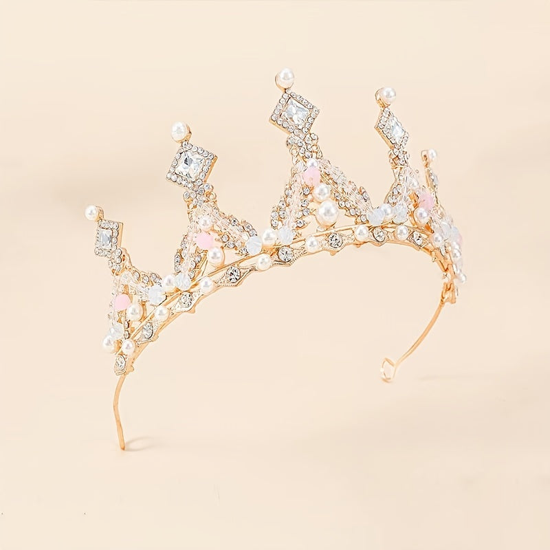 Golden Crystal Tiara Princess Faux Pearl Crown Headband For Bridal Wedding