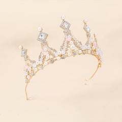 Golden Crystal Tiara Princess Faux Pearl Crown Headband For Bridal Wedding