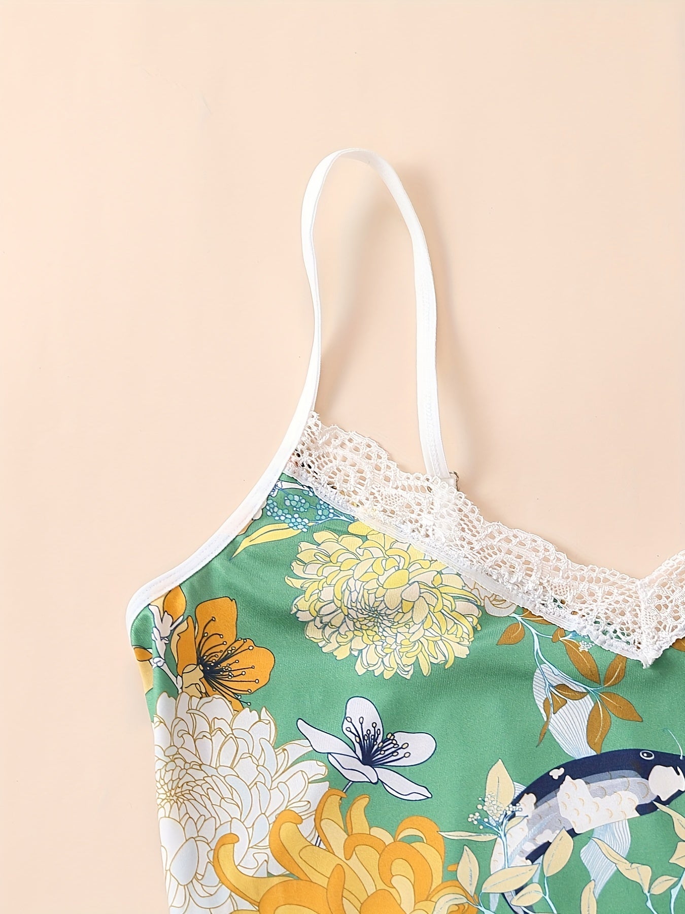 Floral Print Pajama Set V Neck Cami Top & Lace Trim Shorts