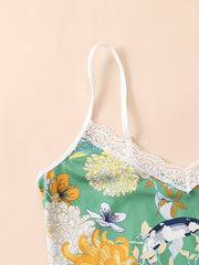Floral Print Pajama Set V Neck Cami Top & Lace Trim Shorts
