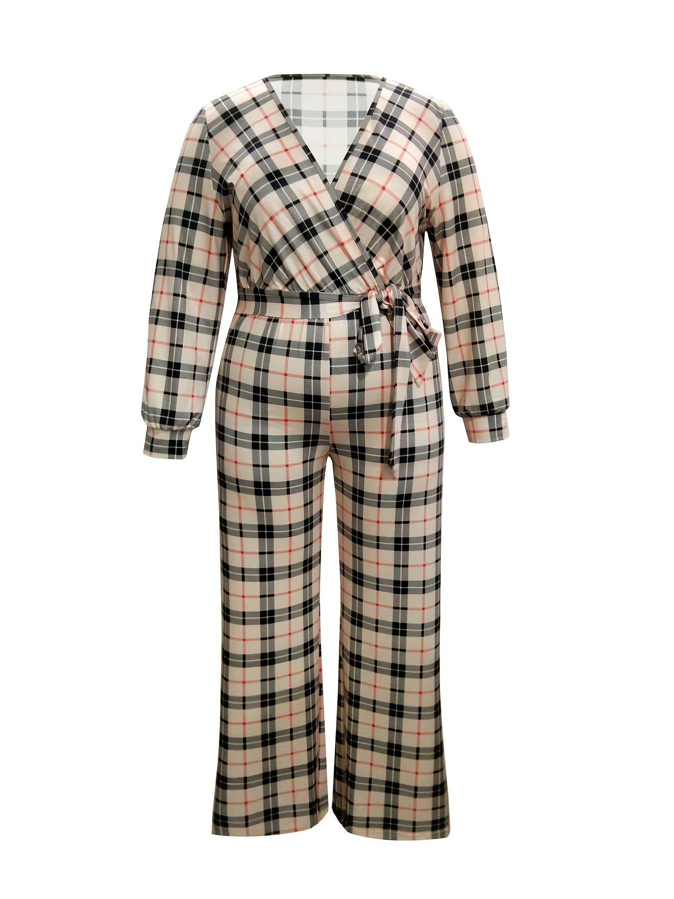  Plaid Print Wide Leg Belted Jumpsuit