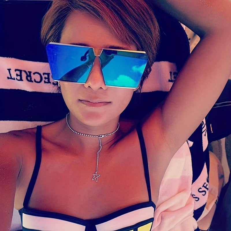 Oversized Mirror Lens Sunglasses Metal Frame UV400