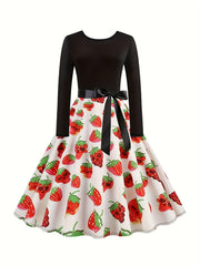  Women's Skull & Strawberry Print Long Sleeve Dress