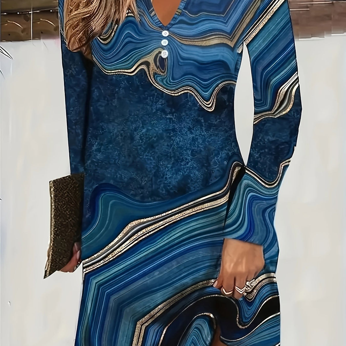  Marble Print Notched Neck Mini Dress
