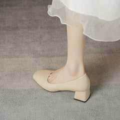 Women's Chunky Heeled Court Pumps Square Toe Solid Patent Leather Shoes