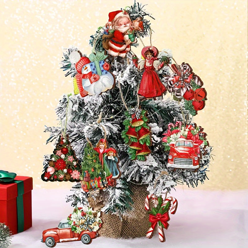 10pcs Christmas Santa Wooden Hanging Ornaments Party Decor Tree Decorations