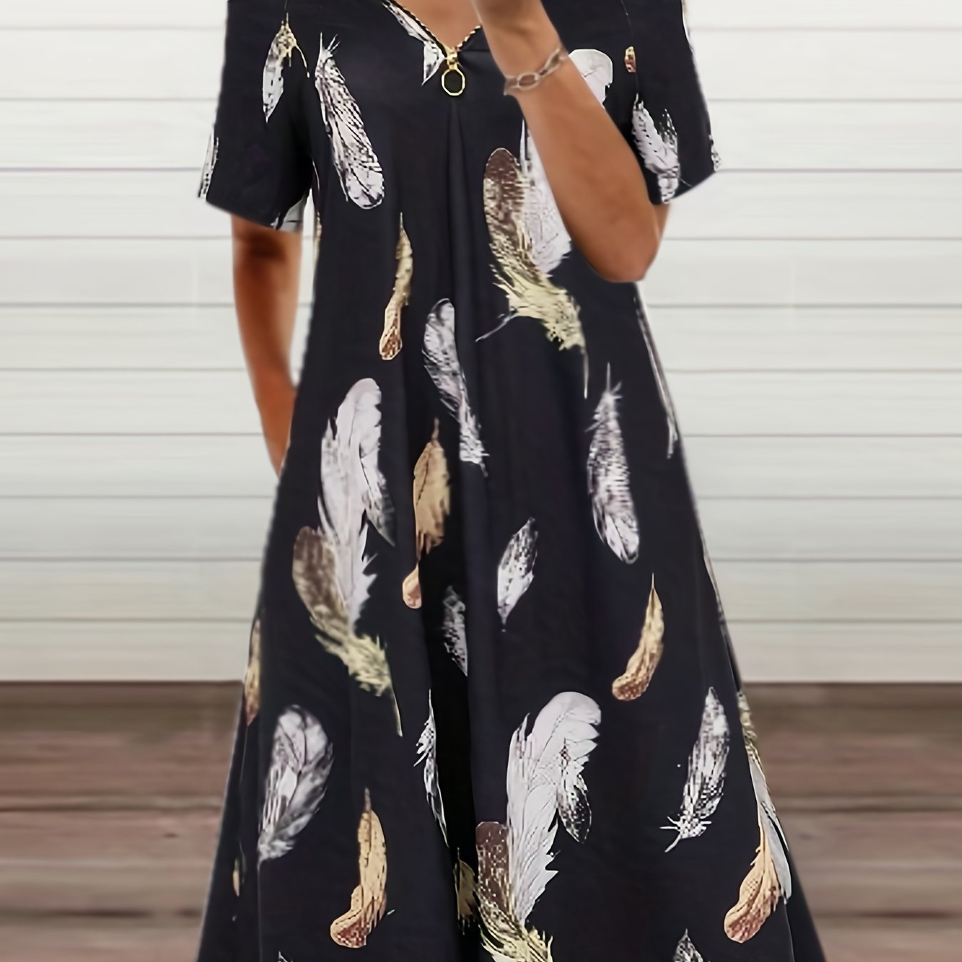 Feather Print Cold Shoulder Dress